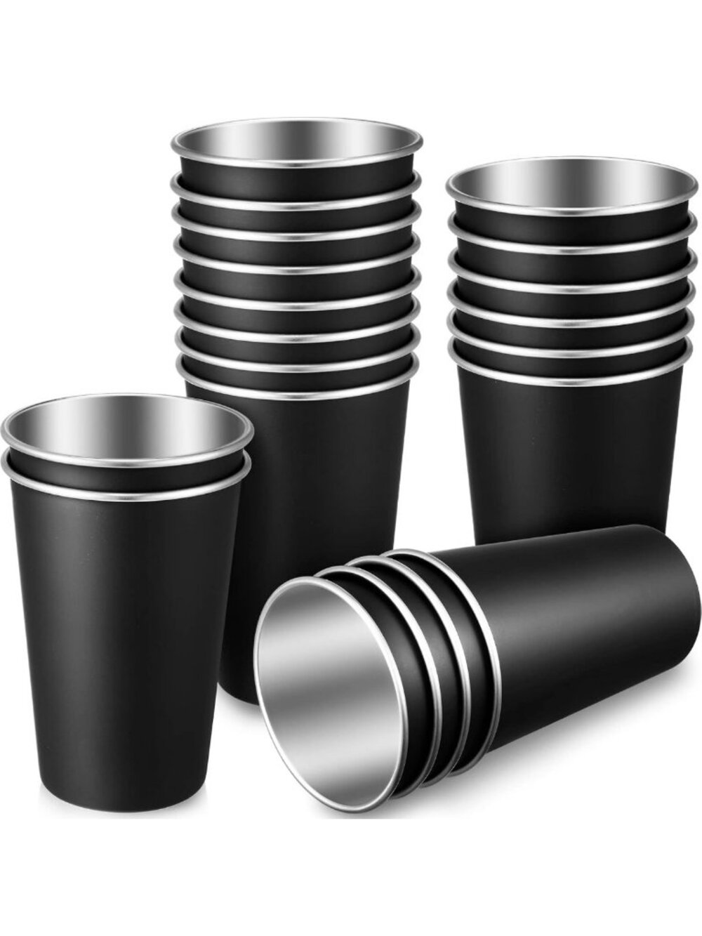 20 Pack 16oz Stainless Steel Metal Cups - Durable, Reusable, Black Drinkware